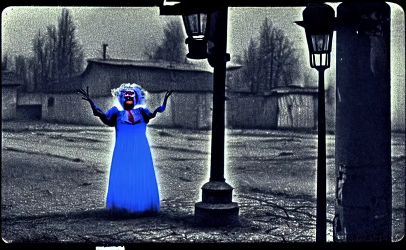 Prompt: a thin scary woman clown with scary face in torn clothes stands under a lamppost that shines a blue light on the clown, pitch darkness around the post, everything happens at night in an old Soviet village, the photo was taken from afar, Colourful, Cinematic, filmic, 35mm, dark atmosphere, horror, scary, Wildlife photography, Polaroid, bad quality