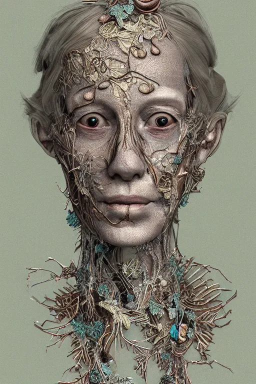 Prompt: complex 3d render ultra detailed of a beautiful dirty porcelain old woman face, rusty biomechanical cyborg, analog, 150 mm lens, beautiful natural soft rim light, big leaves and stems, roots, fine foliage lace, turquoise gold details, Alexander Mcqueen high fashion haute couture, art nouveau fashion embroidered, intricate details, mesh wire, mandelbrot fractal, anatomical, facial muscles, cable wires, elegant, hyper realistic, in front of dark flowers pattern wallpaper, ultra detailed, octane render, volumetric lighting, 8k post-production