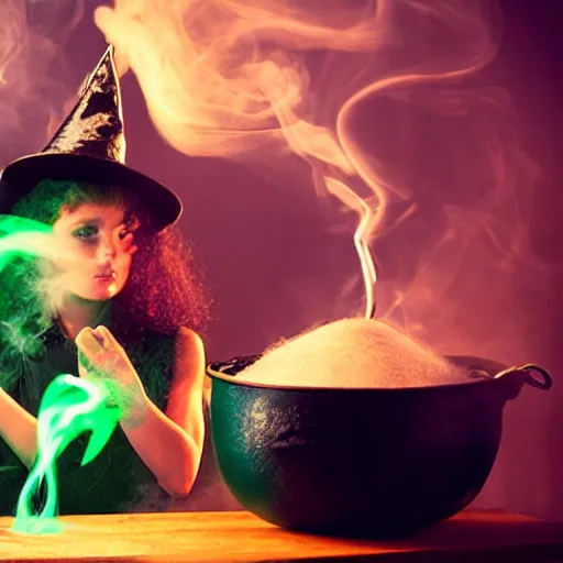 Prompt: black cat, teen witch mixing a spell in a cauldron, wispy smoke, witch hat, studio photography, green glowing smoke is coming out of the cauldron, ingredients on the table, apothecary shelves in the background, still from a nickelodeon show