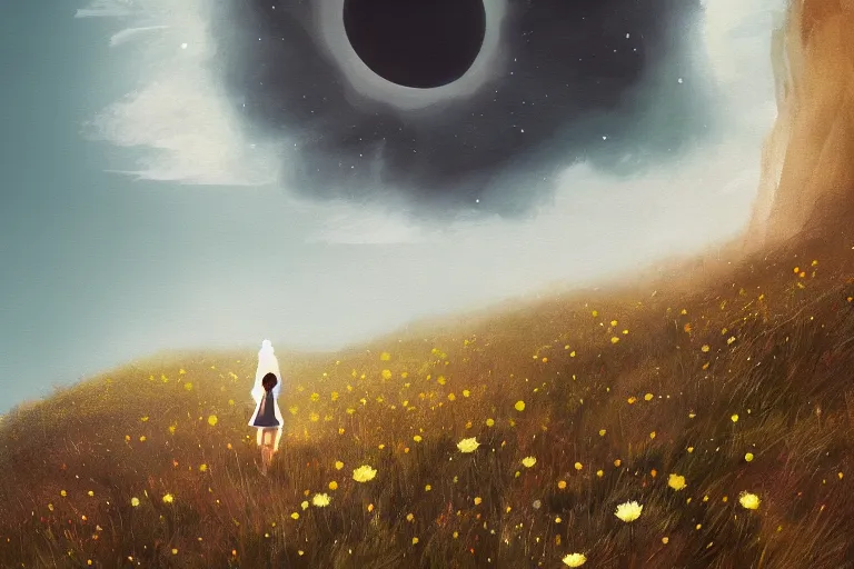 Prompt: big white daisy flower face, girl walking on cliff, surreal photography, solar eclipse, milky way, dramatic light, impressionist painting, clouds, digital painting, artstation, james gilleard, liam wong, jeremy mann, simon stalenhag