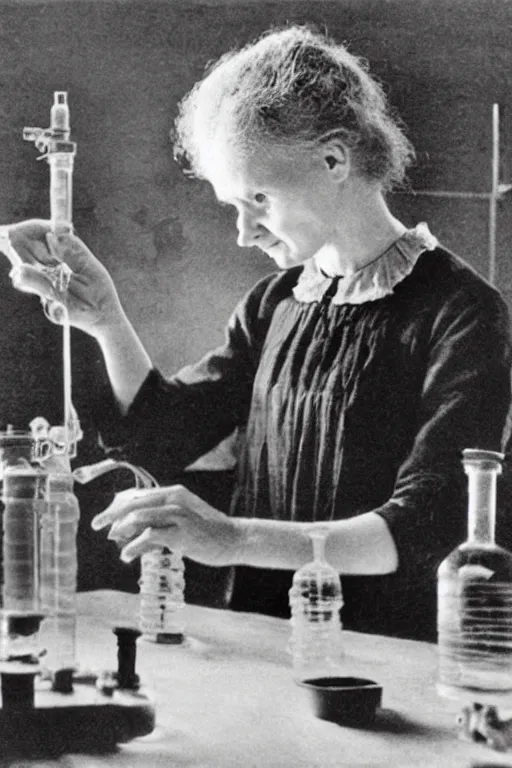 Image similar to marie curie in her lab playing with radioactive matter, children drawing