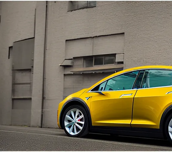 Image similar to a beautiful!!!!!!! studio photograph of a yellow-Tesla-Model-X; f/1.4; 90mm