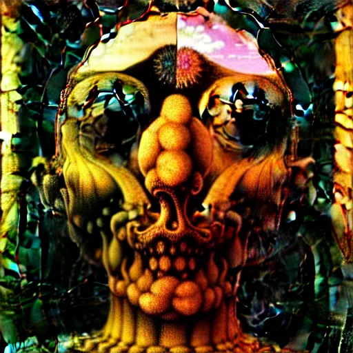 Image similar to an oil painting by botticelli, by arcimboldo, by yoshitaka amano, by beksinski seen through a kaleidoscope, detailed, high resolution