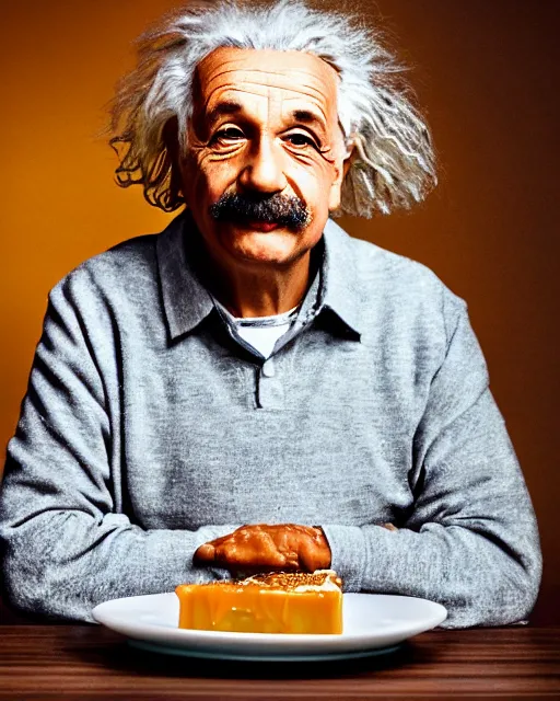 Image similar to a portrait of albert einstein sitting at the dining table with a plate containing caramel custard in front of him, highly detailed, trending on artstation, bokeh, 9 0 mm, f / 1. 4