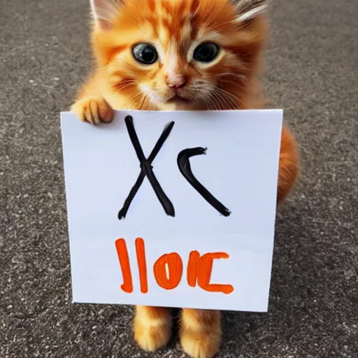 Image similar to cute fluffy orange tabby kitten with a sign that says