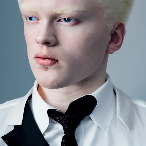 Prompt: portrait of the male model Lucius Bjornsson with beautiful long pale blond hair, albino white pale skin, posing for a photoshoot in the golden hour, white dress shirt and black miniskirt, broad shoulders and huge thick arms, ambient lighting, 4k, anime key visual, lois van baarle, ilya kuvshinov, rossdraws, artstation