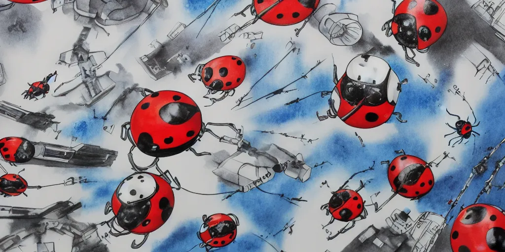 Image similar to shower curtain product catalog. wide - angle photo. on the curtain is a low - angle hero - shot watercolor of a ladybug robot fighting against darth vader. the robot has an epic showdown with darth vader. the water color has ink under drawing. highly coherent, product photography of a shower curtain, product lighting. 4 k, highly detailed. saturated.