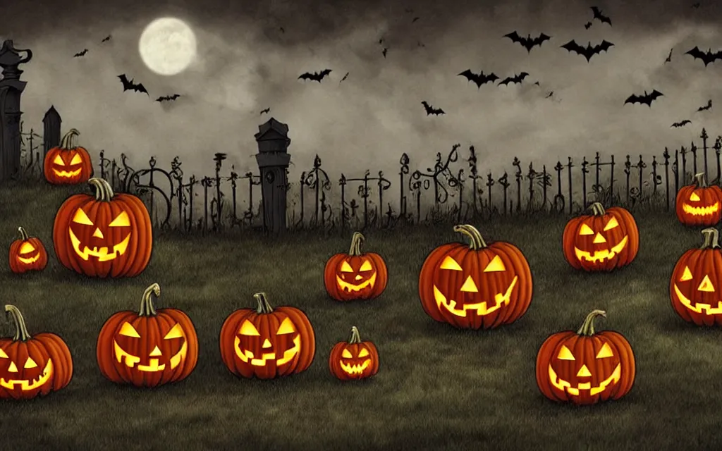 Image similar to engraved halloween pumpkins with menacing expression, scattered in a graveyard at night, bats flying over tombstones, bare trees, iron railing, gloomy atmosphere, digital illustration tim burton style