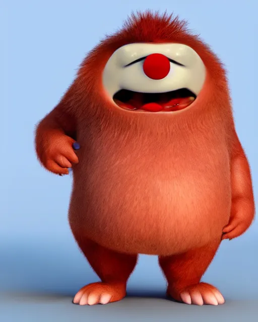 Image similar to 3 d render of completely red hairy friendly antropomorphic chubby cartoony creature wearing chrome shades, without nose, full body, in the style of pixar, simple, cute, white background, unreal engine 5, octane render, highly detailed hdr