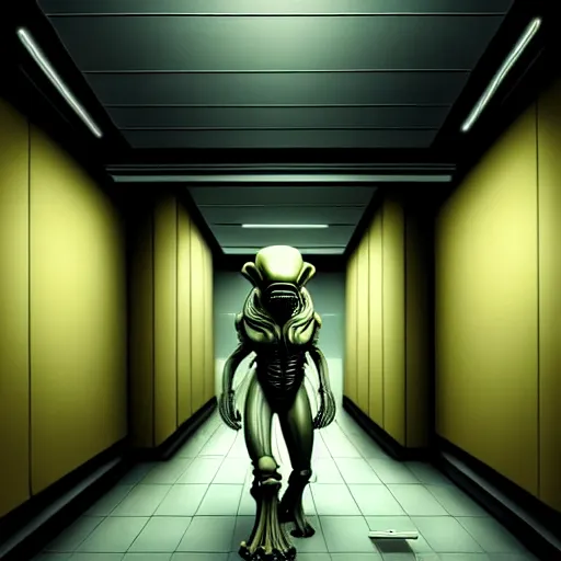Image similar to detailed realistic xenomorph in an endless empty office building, pale yellow walls, moist brown carpet, defective fluorescent lighting, artstation, ultra detailed, creepy, photorealistic, nostalgia