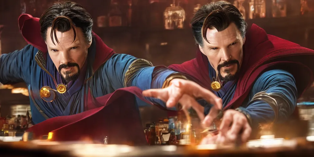 Image similar to film still of Doctor Strange working as a bartender in the new Avengers movie, 4k