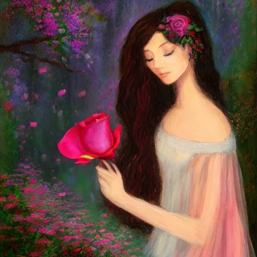 Prompt: fantasy portait of Anna Mill, painting by Anna Mill. Holding a rose, dreamy, elegant, 8k, with a dreamy irridescent background, hint of fae