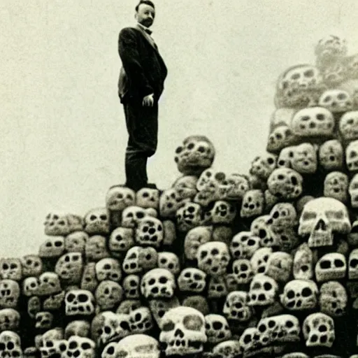 Prompt: a man standing on top of countless skulls, vintage picture from the early 1900’s