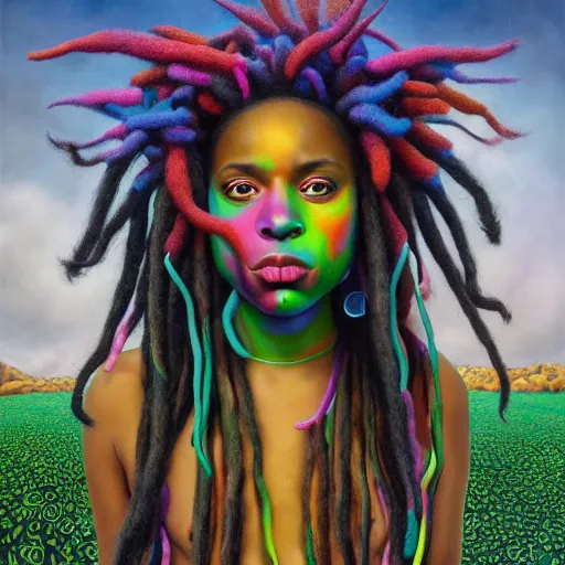 Image similar to a wide angle shot of a black girl with colorful dreadlocks in a field of candy, by Adi granov and afarin sajedi and amanda sage and evgeni gordiets and Agostino Arrivabene and adonna khare in a psychedelic portrait style, ultrarealistic matte painting, volumetric lighting, fractal, extremely symmetrical, highly detailed face, orisha, 8k, hd