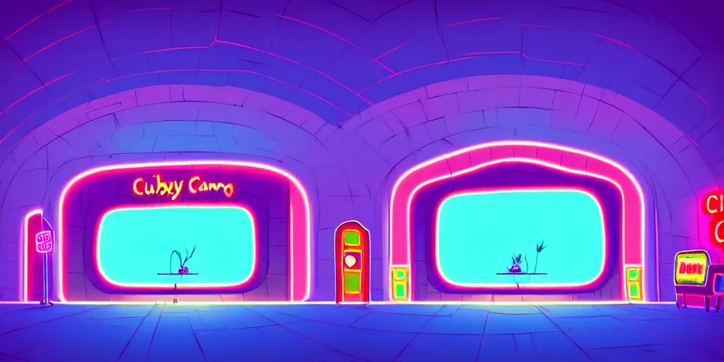 Image similar to minimalistic extreme wide angle curved perspective digital art of chubby cotton candy indoor casino with a stage by anton fadeev from nightmare before christmas