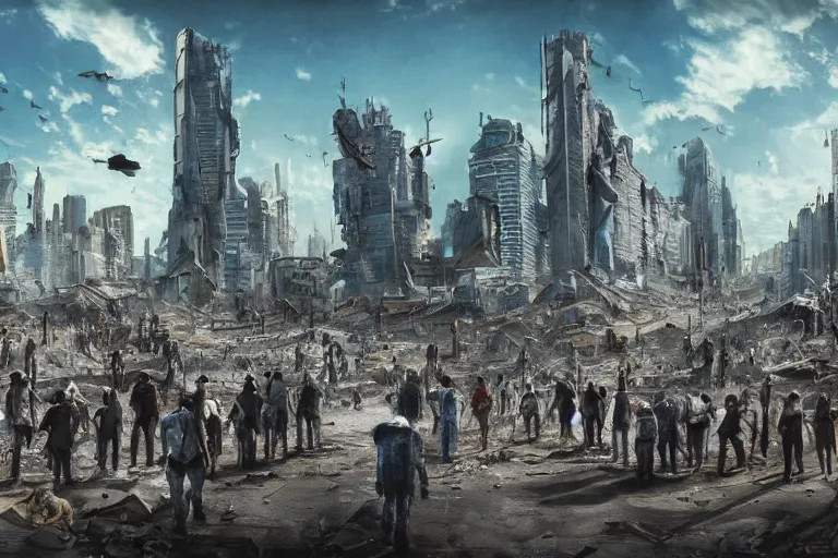 Image similar to Post-apocalyptic city scene with a blue sky and a crowd of people