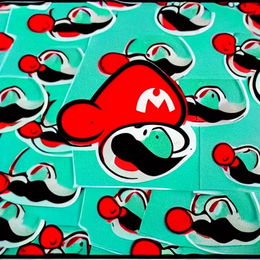 Image similar to die cut sticker, yoshi wearing mario's mustache, splatter paint