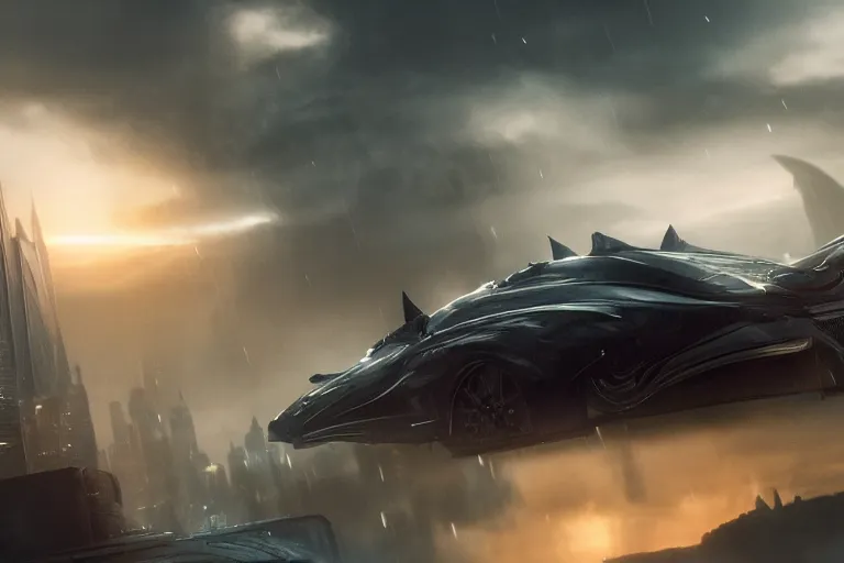 Prompt: the batmobile waiting for passage in gotham city. octane render. 8 k. dark. atmospheric. cinematic. spectacular. sense of awe. mist. strong winds. sunrise. super slowmotion. matte painting painted by thu berchs and peter mohrbacher