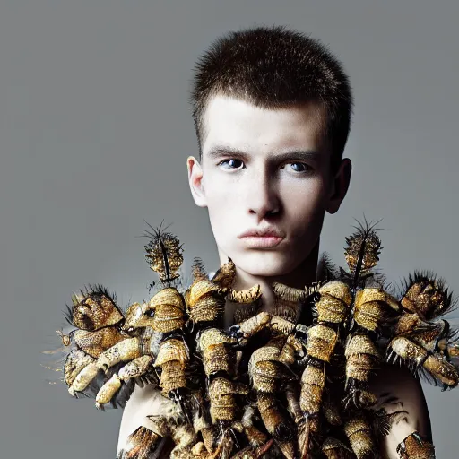 Prompt: a portrait of a beautiful young male wearing an alexander mcqueen armor made of insects , photographed by andrew thomas huang, artistic