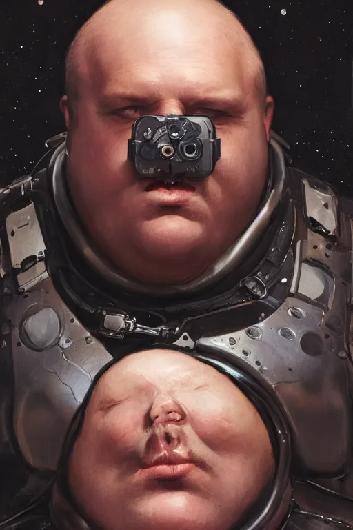 Image similar to upper body portrait of a morbidly obese man wearing leather spacesuit, bionic eye, detailed, illustration by normal rockwell, artstation character art, john william waterhouse, concept art, greg rutkowski