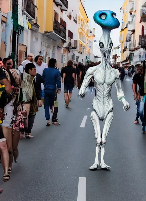 Image similar to an alien walking trying so hard not being recognized in the middle of the street during Feria de Malaga, ultra realistic