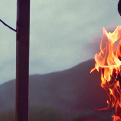 Image similar to cinematic film still of Kendrick Lamar starring as a Japanese Sensei with fire, Japanese CGI, VFX, 2003, 40mm lens, shallow depth of field, film photography