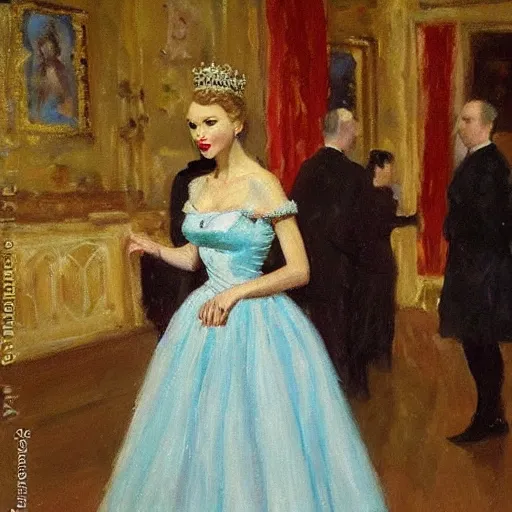 Image similar to Taylor Swift at the Russian ball, ballerina, 1950s, modest, elegant clothing, tiara, mild impressionism, award winning, photorealistic, by Ilya Repin