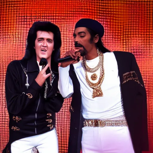 Prompt: elvis presley and snoop dog singing a duet in 2 0 2 2, one microphone, in las vegas, detailed, beautiful, color photo, f 1. 8, promotional poster, photorealistic