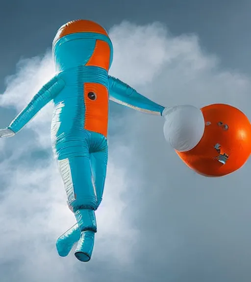 Prompt: an tall giant inflated astronaut in an orange and teal suit, striding through in mist. highly detailed