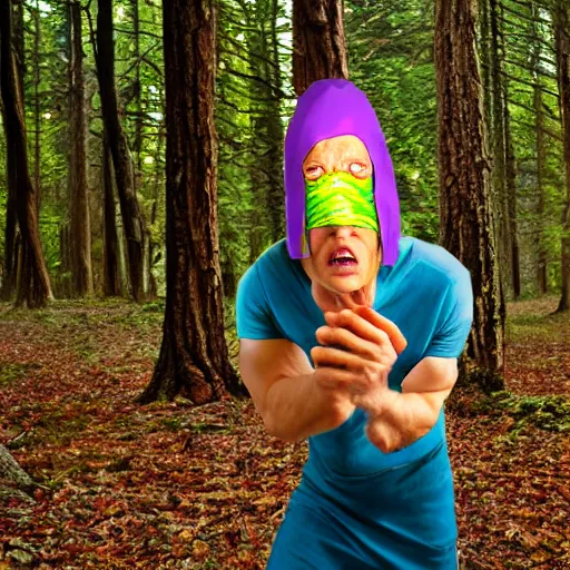 Image similar to uhd candid photo of cosmic beavis as cornholio in the forest, uhd, photorealistic, correct face, photo by annie leibowitz