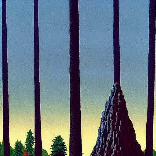 Prompt: hyperrealism! the iron giant from the movie the iron giant standing in a forest, lumbering over a forest as he is colossal in size, rocket fire blasting from the bottom of his iron feet, forest background, beautiful lighting, oil painting by renowned artist rene magritte.