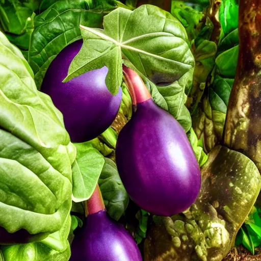 Image similar to an eggplant fruit still on the vine, a bizarre detailed red and purple glowing eggplant