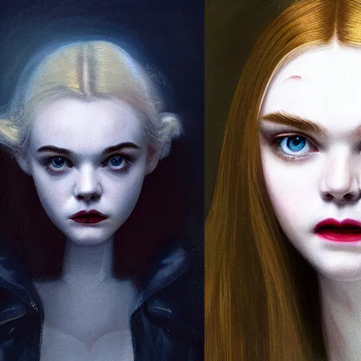 Image similar to Elle Fanning as a vampire with fangs with a white dog in the style of Paola Vetri, head and shoulders portrait, stormy weather, extremely detailed masterpiece, oil on canvas, low-key neon lighting, artstation, Blade Runner 2049, Roger Deakin’s cinematography, by J. C. Leyendecker and Peter Paul Rubens and Edward Hopper and Michael Sowa,