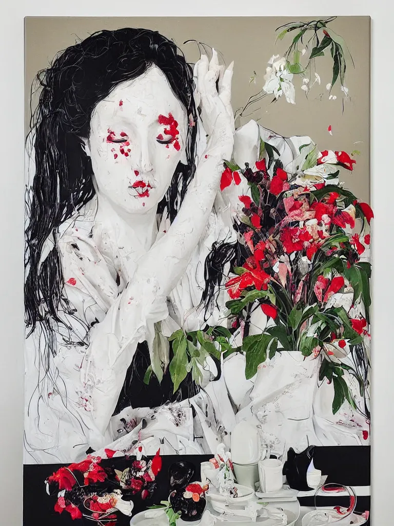 Prompt: “art in an Australian artist’s apartment, portrait of a woman wearing white cotton cloth, eating luscious fresh berries, white wax, edible flowers, Japanese pottery, ikebana, black walls, acrylic and spray paint and oilstick on canvas”