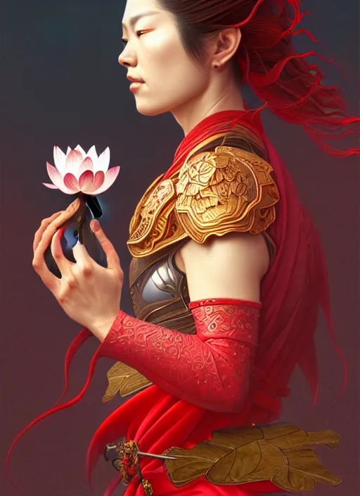 Image similar to ultra realistic illustration, portrait of a wrathful red samurai warrior woman holding a lotus flower, intricate, elegant, highly detailed, lotus flower, digital painting, artstation, concept art, smooth, sharp focus, illustration, art by artgerm and greg rutkowski and alphonse mucha and wlop