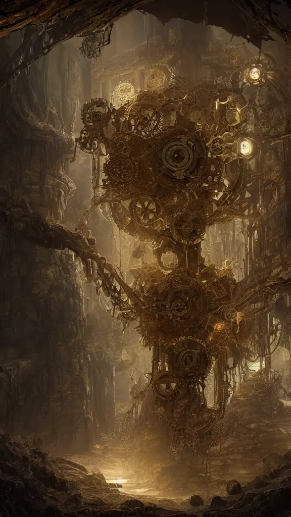 Image similar to clockwork yggdrasil deep underground, steampunk machinery, intricate matte painting, light from cracks in the cave ceiling, roots covered in gears, god rays, cinematic lighting, highly detailed oil painting, epic fantasy art, artstation, masterpiece, 8k