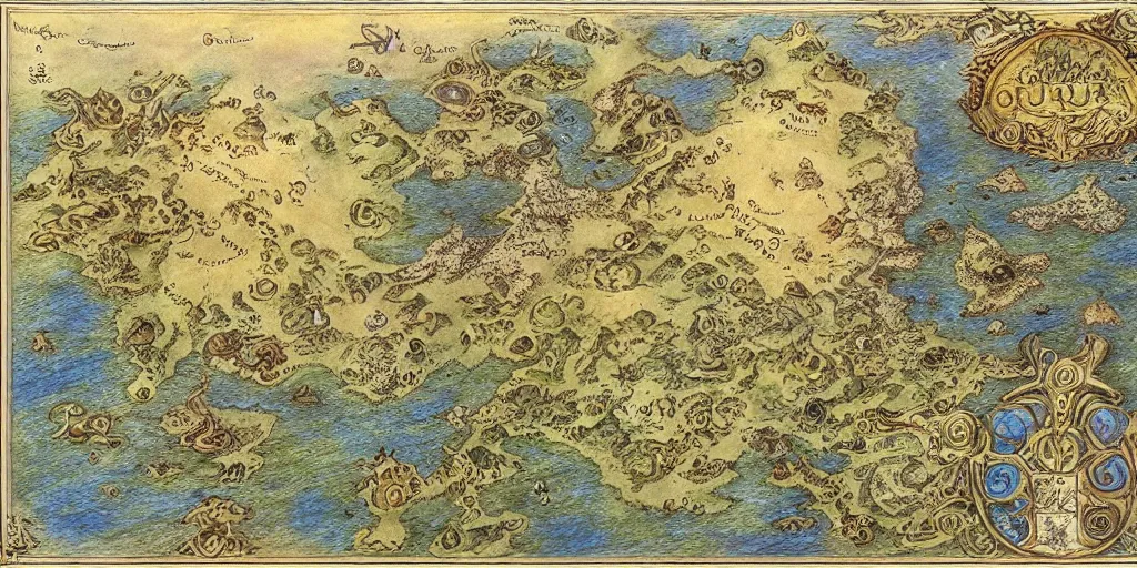 Image similar to simple fantasy map, the land of Odrua, world of Lute, by JRR TOlkien and Brian Froud, Vatican Map Room, fantasy concept painting showing kingdoms, oceans, continents