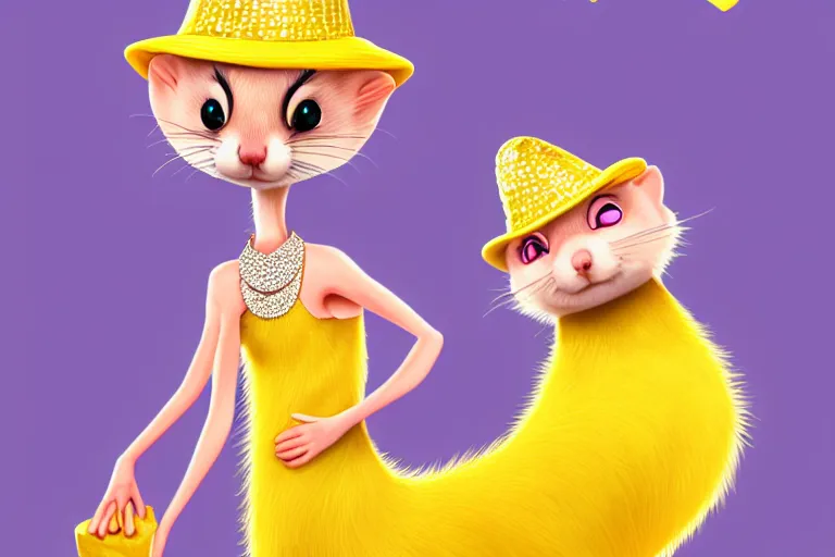 Prompt: detailed flat 2 d : female ferret character : wearing diamonds : wearing a sequins dress : wearing yellow hat : head torso legs feet : lorax movie : artstation