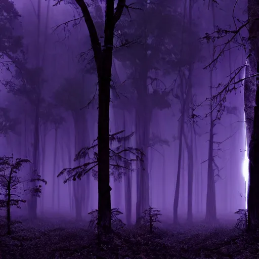 Image similar to purple lightning striking a dark forest during a full moon at night, misty, spooky, cinematic lighting, 8k render, hyperrealistic, ultra HD,