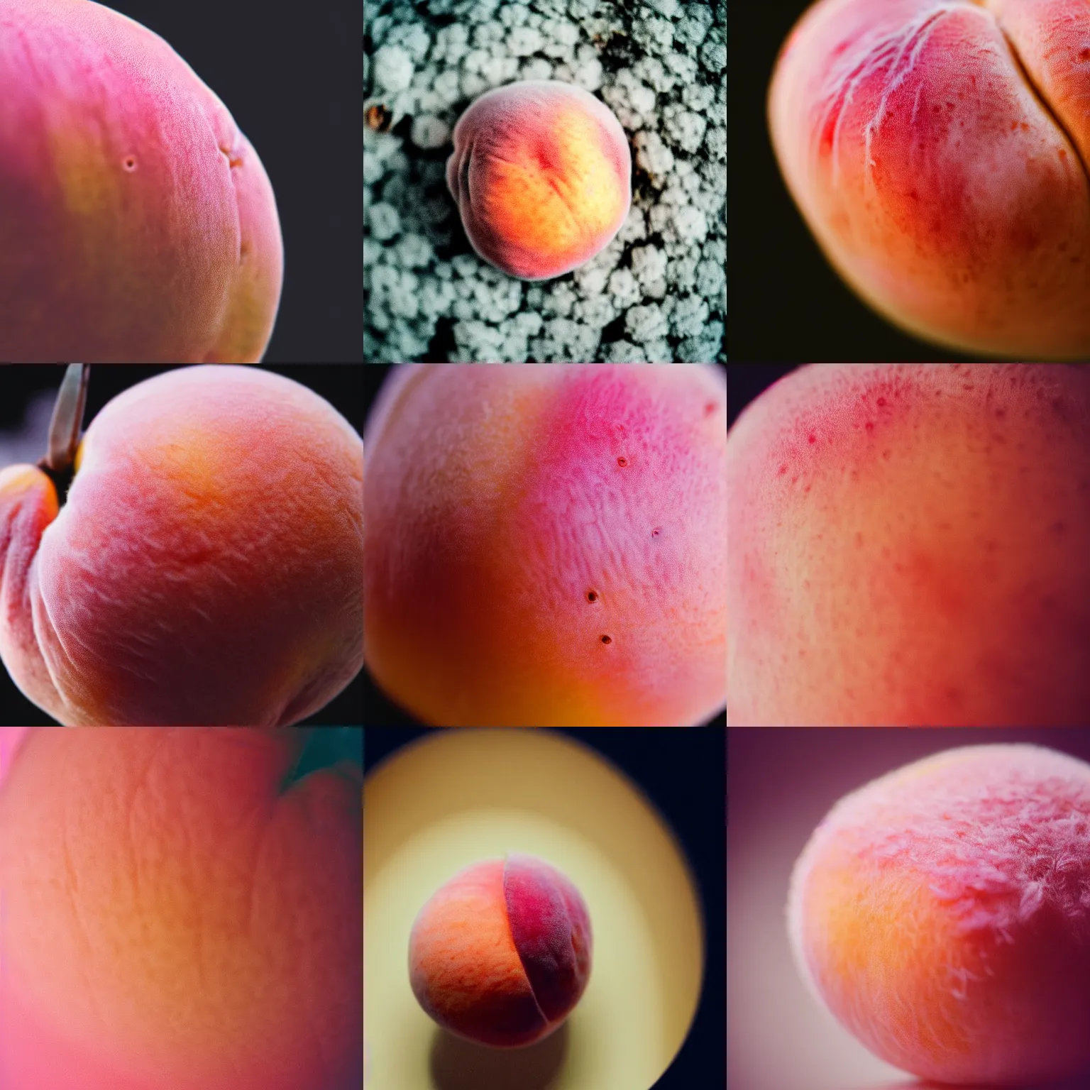 Prompt: a macro photo of a round peach's dry hairy skin, hyper realistic, hyper detailed, 35mm, very grainy film, pink volumetric studio lighting, bokeh, award winning shot, vogue magazine, cinematic, 8k, very closeup, elegant, tender, pastel