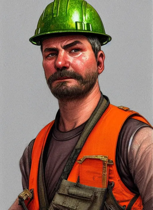 Image similar to a russian railroad electrician!!!, male!!, wearing orange vest!! hard hat, harness, siberian forest!!, portrait, dirty, fat, ugly, intricate, elegant, highly detailed, digital painting, artstation, concept art, wallpaper, smooth, sharp focus, illustration, art by artgerm and greg rutkowski and alphonse mucha