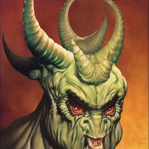 Prompt: upper body portrait a giant horned demon, by norman rockwell and boris vallejo, artstation, concept creature character art