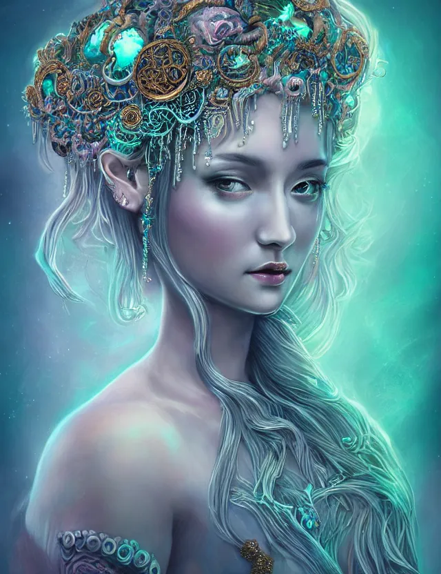 Prompt: goddess portrait by jessica oyhenart in crown made of skull, bioluminiscent, plasma, ice, water, wind, whimmy, super intricate ornaments artwork by 翼 次 方 cg