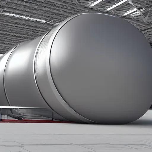 Image similar to big metallic capsule connected to pipelines, purpose is pump, standing in large industrial hall, designed by best engineers, raytracing, reflections