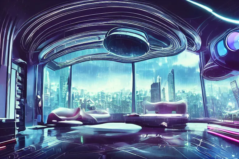 Image similar to a futuristic bedroom with large curved ceiling high windows looking out to a far future cyberpunk cityscape, cyberpunk neon lights, raining, scifi