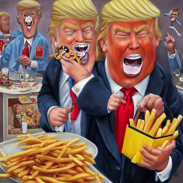 Prompt: a jon mcnaughton painting of donald trump eating a happy meal at mcdonald's