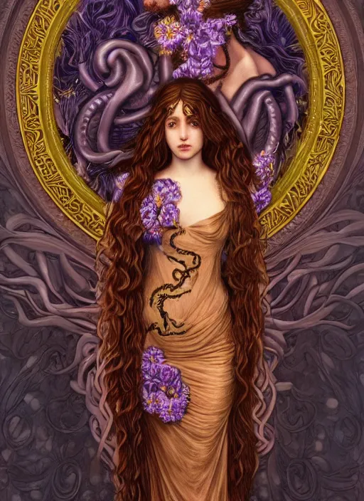 Image similar to ultradetailed ornate pre-raphaelite RPG illustration of beautiful symmetric Medusa radiating glowing aura, fully clothed with an art nouveau flowery dress, digital airbrush painting, 3d rim light, hyperrealistic masterpiece, artstation, cgsociety, kodakchrome, golden ratio