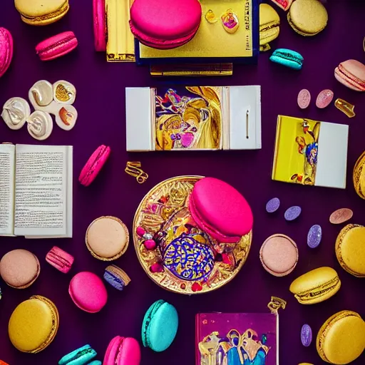 Prompt: flatlay golden book collection, vivid colors, dramatic lighting, french macarons - n 9