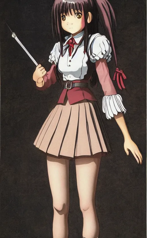 Prompt: school girl, school uniform, seifuku, pleated miniskirt, battle angel alita. by rembrandt 1 6 6 7, illustration, illustrious makinami, by emperpep