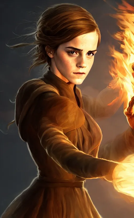 Image similar to Emma Watson casting a fire spell. Digital art trending on artstation. 4k. Indie videogame light.